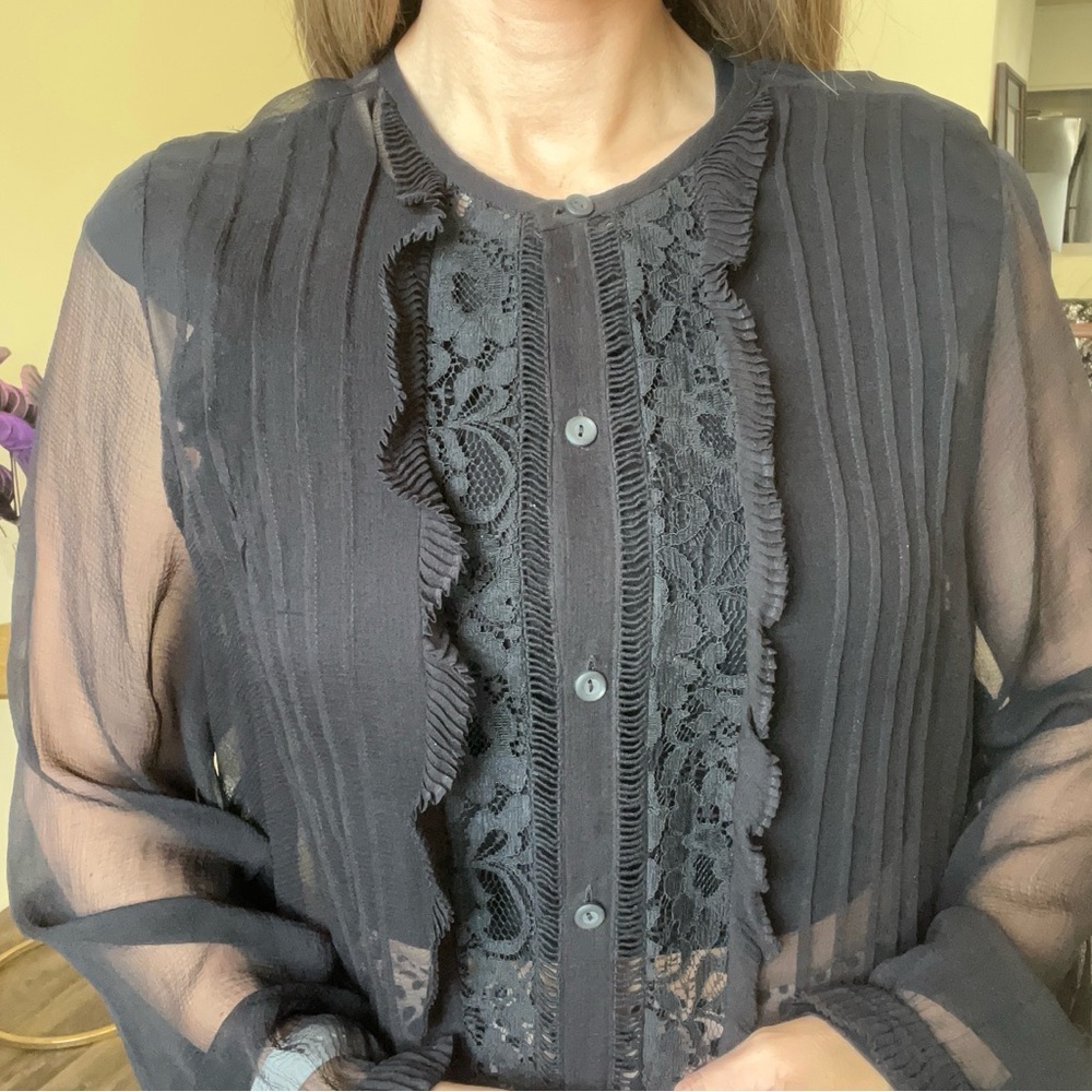 Rebecca Taylor Black Crewneck Long Sleeves Ruffled Button Up Sheer Blouse 12 - Picture 6 of 12